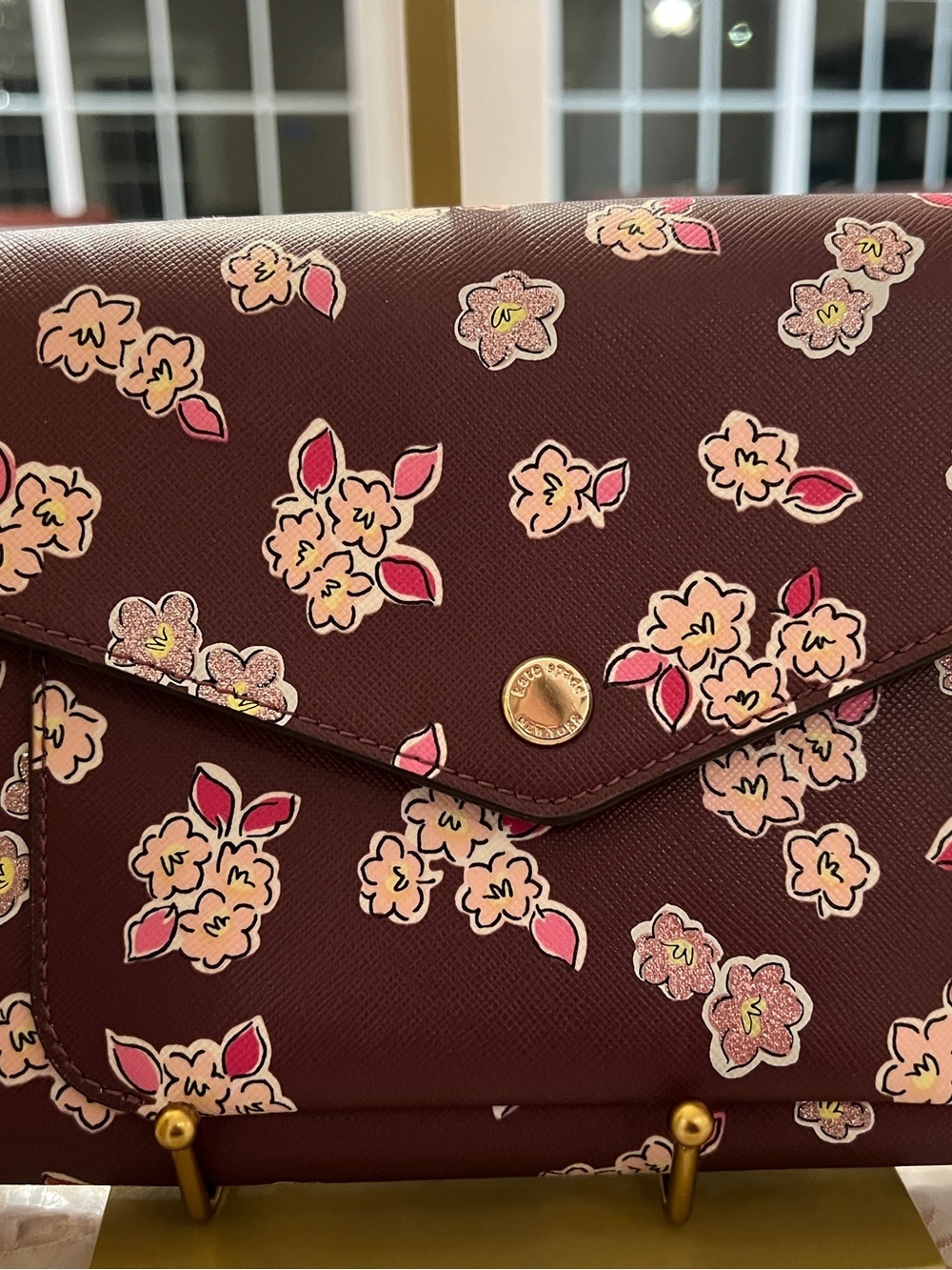 Kate Spade Floral Crossbody Wallet On Chain Burgundy Pink Boutique Luxury - Picture 3 of 12